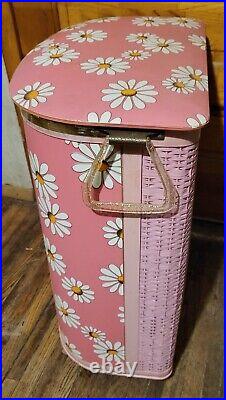 Vintage Mid Century Laundry Hamper Pink Daisy Flower Power Wicker Clothes NICE