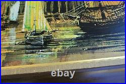 Vintage Mid Century Lee Burr Painting Ports of Call Ships in Harbor 48x24