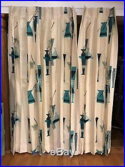 Vintage Mid Century MCM Retro Turquoise Ivory Barkcloth Drapes 3 Curtain Panels
