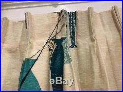Vintage Mid Century MCM Retro Turquoise Ivory Barkcloth Drapes 3 Curtain Panels