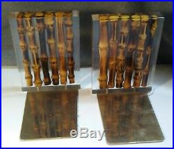 Vintage Mid Century Modern 5 Bamboo Cane Acrylic Lucite Brass Bookend Set retro