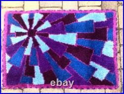 Vintage Mid Century Modern 60s 70s Retro Purple Blue Geometric Sunburst Hook Rug