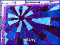 Vintage Mid Century Modern 60s 70s Retro Purple Blue Geometric Sunburst Hook Rug