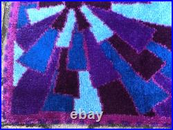 Vintage Mid Century Modern 60s 70s Retro Purple Blue Geometric Sunburst Hook Rug