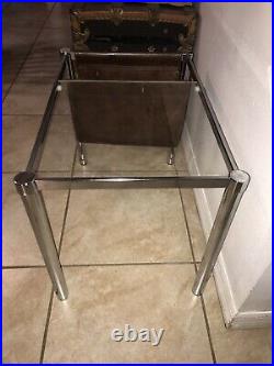 Vintage Mid Century Modern Chrome and Glass Sling Magazine Rack and End Table
