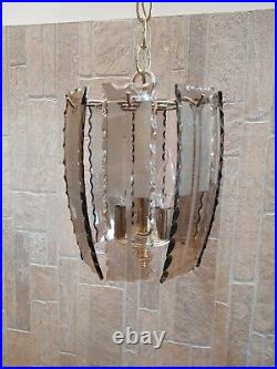 Vintage Mid-Century Modern Cut Frosted Smoked Glass 3 Candle Swag Light Lamp
