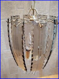 Vintage Mid-Century Modern Cut Frosted Smoked Glass 3 Candle Swag Light Lamp