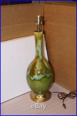 Vintage Mid Century Modern Drip Glaze Green and Brown Ceramic Table Lamp Retro