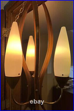 Vintage Mid Century Modern Eames Bent Walnut Leaf Swag Light Lamp Chandelier 29