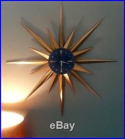 Vintage Mid Century Modern Extra LARGE Starburst Wall Clock Gold Atomic RETRO