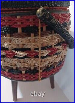 Vintage Mid Century Modern Footed Sewing Basket Made In Japan 70s Retro RARE HTF