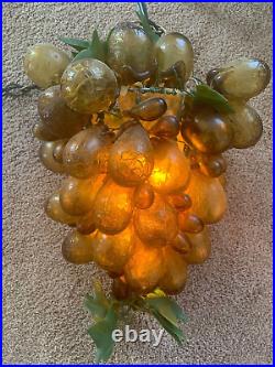 Vintage Mid Century Modern Green Glass Grape Cluster Hanging Swag Lamp