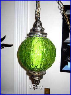 Vintage Mid-Century Modern Green Glass Hanging Swag Lamp / Light 60s RETRO