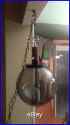 Vintage Mid Century Modern Hanging Swag Lamp With Smoked Glass Globe