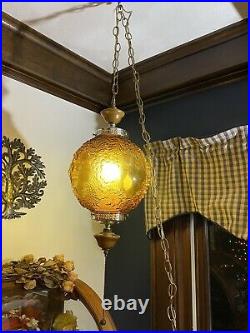 Vintage Mid Century Modern Hanging Swag Light Lamp Amber Glass Globe Grapes