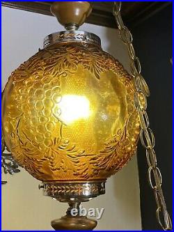 Vintage Mid Century Modern Hanging Swag Light Lamp Amber Glass Globe Grapes