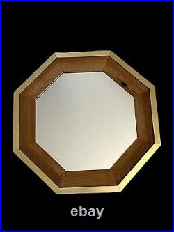 Vintage Mid Century Modern MCM Oak Wood Brass 22x22 Octagonal Wall Mirror