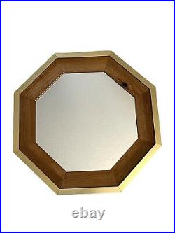 Vintage Mid Century Modern MCM Oak Wood Brass 22x22 Octagonal Wall Mirror