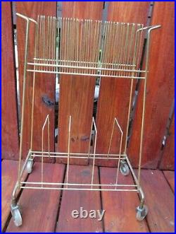 Vintage Mid Century Modern Record Holder Rack Stand LP's Metal Wire Wheeled