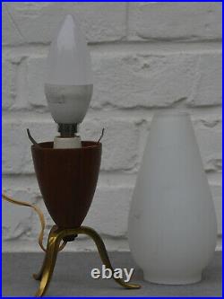 Vintage Mid Century Modern Scandinavian Teak & Opaline Glass Tripod Table Lamp