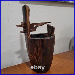 Vintage Mid Century Modern Tiki Japanese Wood Bucket Planter 12