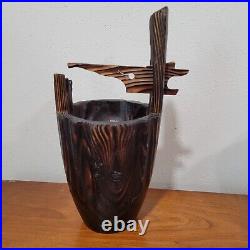 Vintage Mid Century Modern Tiki Japanese Wood Bucket Planter 12