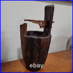 Vintage Mid Century Modern Tiki Japanese Wood Bucket Planter 12