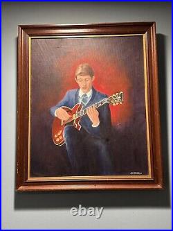 Vintage Mid Century Musician Guitar Playing Painting Artist Signed 1960s Retro