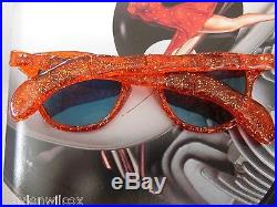 Vintage Mid Century Orange Glitter Bamboo Retro NOS Sunglasses with Blue Lenses