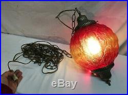 Vintage Mid Century Retro Hanging Ceiling Amber Glass Light Shade with Chain