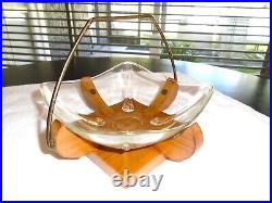 Vintage Mid Century Serving Glass Bowl Wood Walnut Danish Style Handle Tear Drop