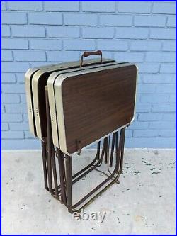 Vintage Mid Century Set of 4 TV Trays Tables & Stand Wood Grain 1960s MCM Atomic