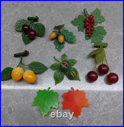 Vintage Mid-Century Set of Soviet Plastic Brooches BERRIES and LEAFS