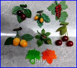 Vintage Mid-Century Set of Soviet Plastic Brooches BERRIES and LEAFS