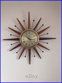 Vintage Mid Century Smiths Sunburst Wall Clock Timecal Atomic1950s Retro Teak