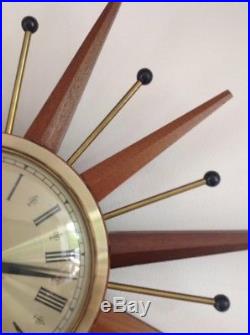 Vintage Mid Century Smiths Sunburst Wall Clock Timecal Atomic1950s Retro Teak