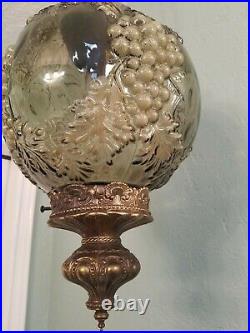 Vintage Mid Century Smoke Glass Globe Hanging Swag Lamp Grape Pattern Gray
