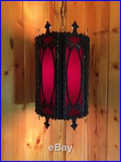 Vintage Mid Century Swag Lamp Gothic RED Hollywood Regency Pendant Velvet