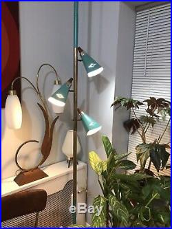 Vintage Mid Century Tension Pole Lamp 3 Lights MCM RETRO Blue TEAL Wood Metal