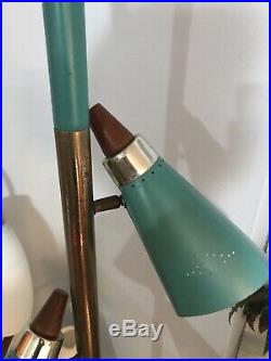 Vintage Mid Century Tension Pole Lamp 3 Lights MCM RETRO Blue TEAL Wood Metal