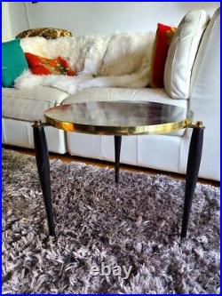 Vintage Mid Century Walnut Brass & Faux Marble Round Tripod Cocktail Side Table