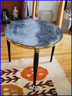 Vintage Mid Century Walnut Brass & Faux Marble Round Tripod Cocktail Side Table