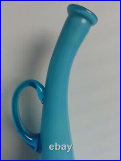 Vintage Mid-century Modern Stretched, Bent Cased Blue Glass Floor Vase