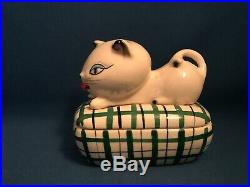 Vintage Midcentury Modern Howard Holt Ceramic Trinket Box Cozy Kitten Japan