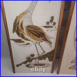 Vintage Mosaic Bead Pebble Gravel Art Egret and Peacock Wall Hangings Gold/Brown