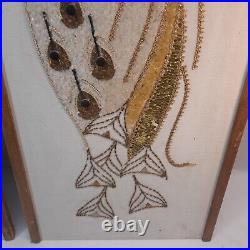 Vintage Mosaic Bead Pebble Gravel Art Egret and Peacock Wall Hangings Gold/Brown
