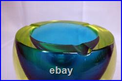 Vintage Murano Glass Geode Bowl LARGE Blue Yellow Mid Century Modern Sommerso