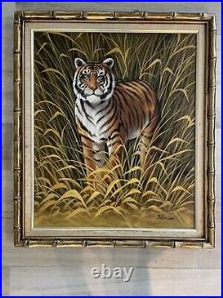 Vintage Oil Painting on Canvas Tiger Retro Illustration Mid Century MCM 24x28
