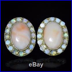 Vintage Opal Angel Skin Coral 14k Yellow Gold Estate Earrings Mid Century Retro