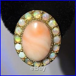 Vintage Opal Angel Skin Coral 14k Yellow Gold Estate Earrings Mid Century Retro